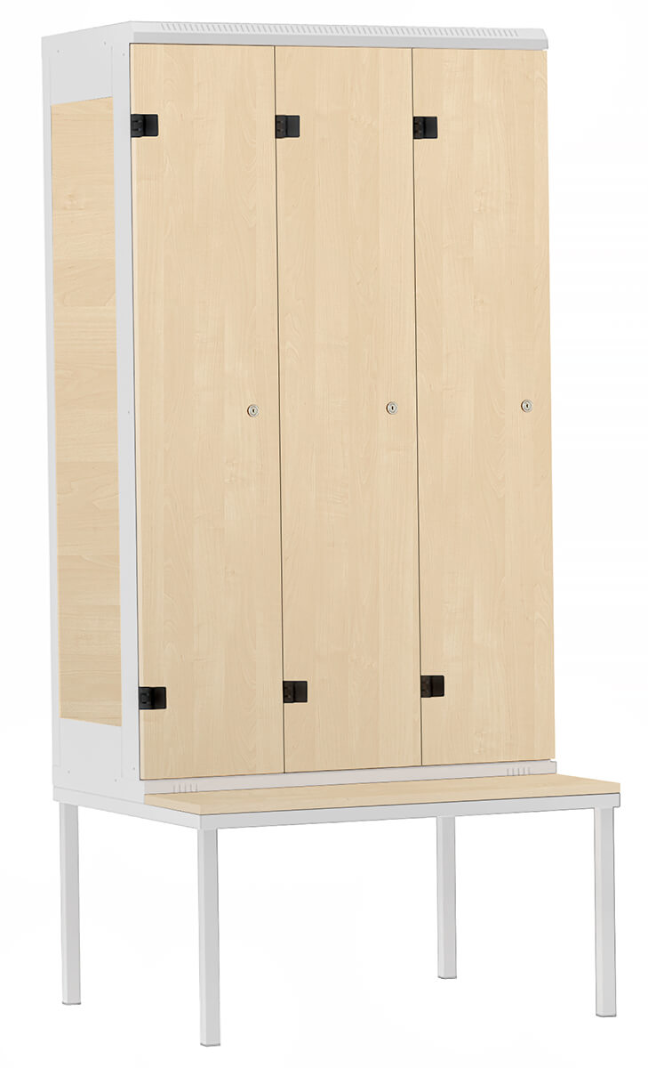 Garderoben-Schrank 3-türig mit Sitzbank , Türe: Holz Birke 1715 BS, Farbe Rahmen: Metall grau RAL 7035