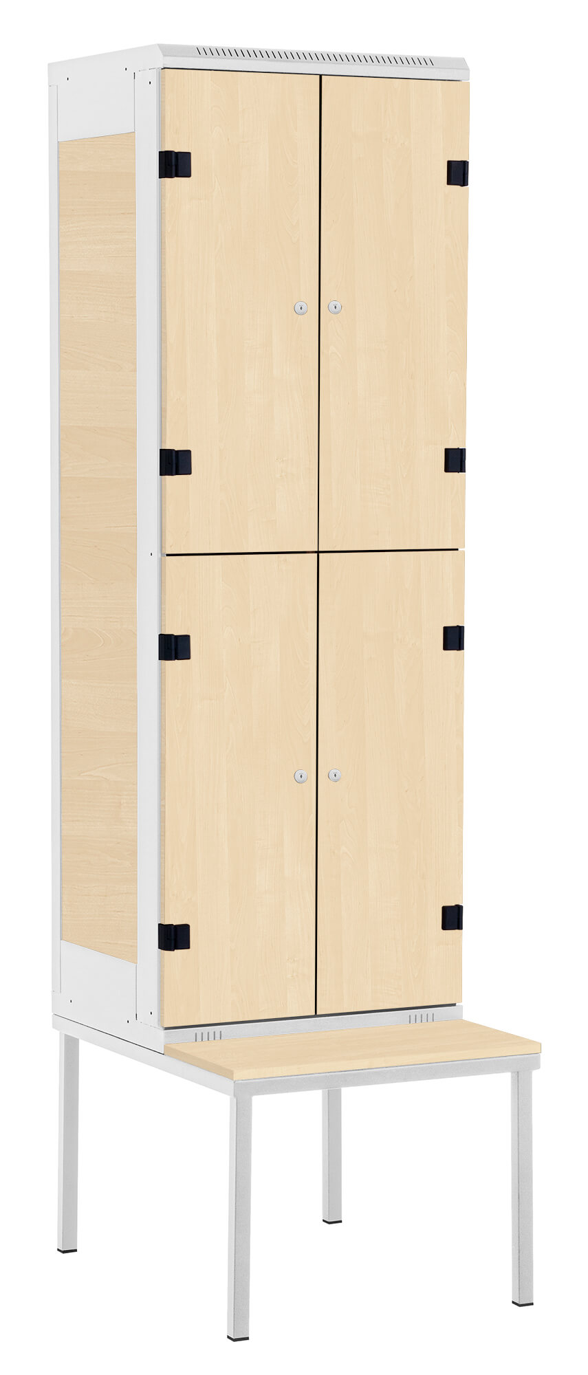Garderoben-Schrank 4-türig mit Sitzbank , Türe: Holz Birke 1715 BS, Farbe Rahmen: Metall grau RAL 7035