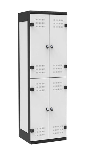 Metall-Spind 4-türig , Farbe Türe: Metall grau RAL 7035, Farbe Rahmen: Metall schwarz RAL 9005