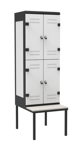Halbtüriger Spind 4 Abteile mit Sitzbank, Farbe Türe: Metall grau RAL 7035, Farbe Rahmen: Metall schwarz RAL 9005