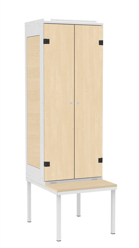 Garderoben-Schrank 2-türig mit Sitzbank , Türe: Holz Birke 1715 BS, Farbe Rahmen: Metall grau RAL 7035