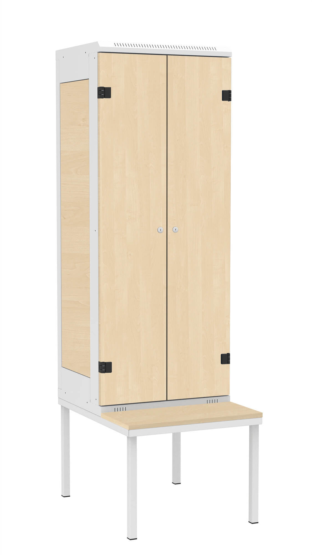 Garderoben-Schrank 2-türig mit Sitzbank , Türe: Holz Birke 1715 BS, Farbe Rahmen: Metall grau RAL 7035