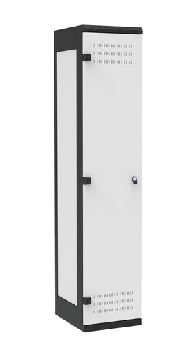 Metall-Spind 1-türig, Farbe Türe: Metall grau RAL 7035, Farbe Rahmen: Metall schwarz RAL 9005