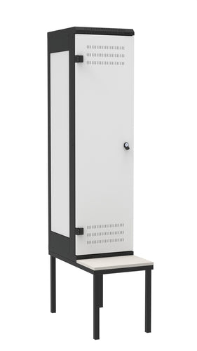 Metall-Spind 1-türig mit Sitzbank, Farbe Türe: Metall grau RAL 7035, Farbe Rahmen: Metall schwarz RAL 9005