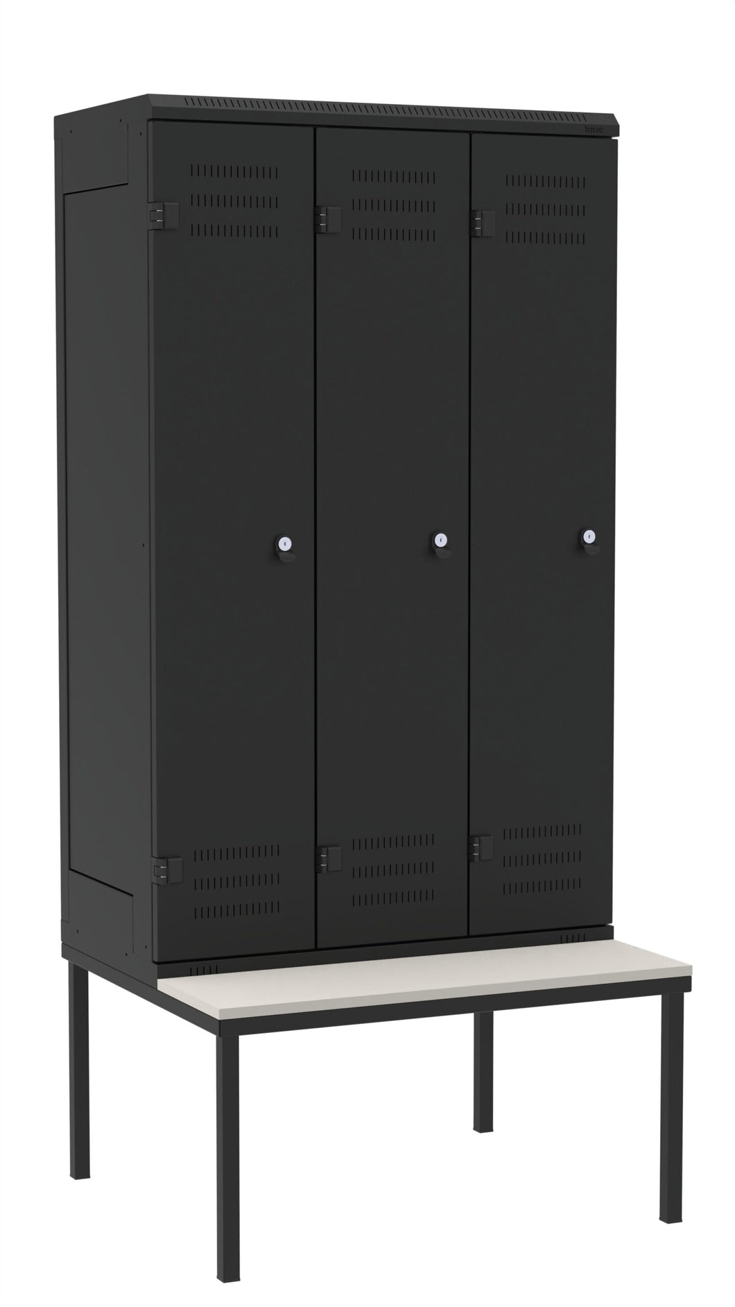 Metall-Spind 3-türig mit Sitzbank, Farbe Türe: Metall schwarz RAL 9005, Farbe Rahmen: Metall schwarz RAL 9005