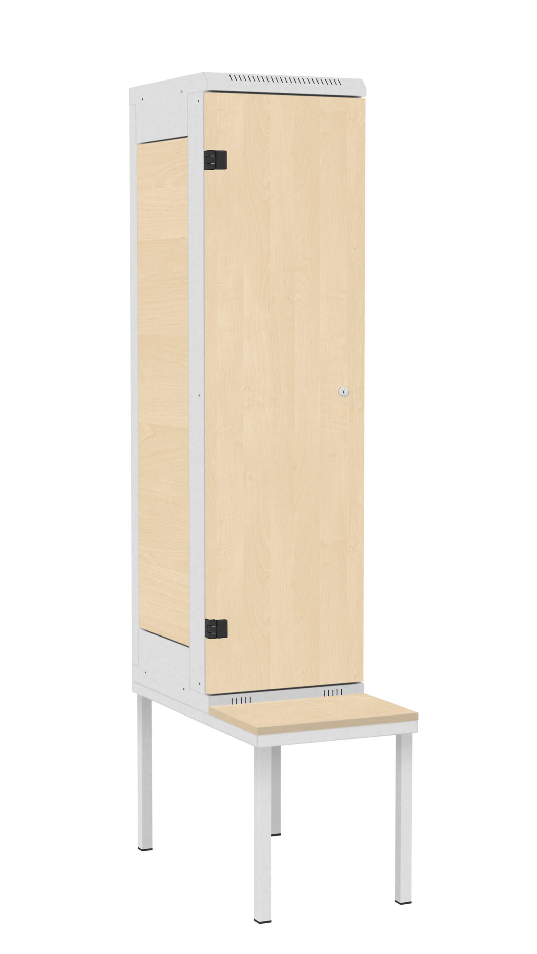 Garderoben-Schank 1-türig mit Sitzbank , Türe: Holz Birke 1715 BS, Farbe Rahmen: Metall grau RAL 7035